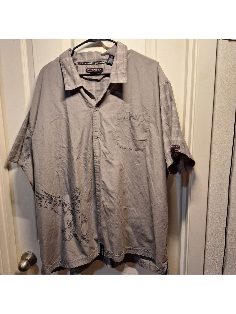 Bugle Boy Gray Plaid Eagle Button Down Shirt XXXL